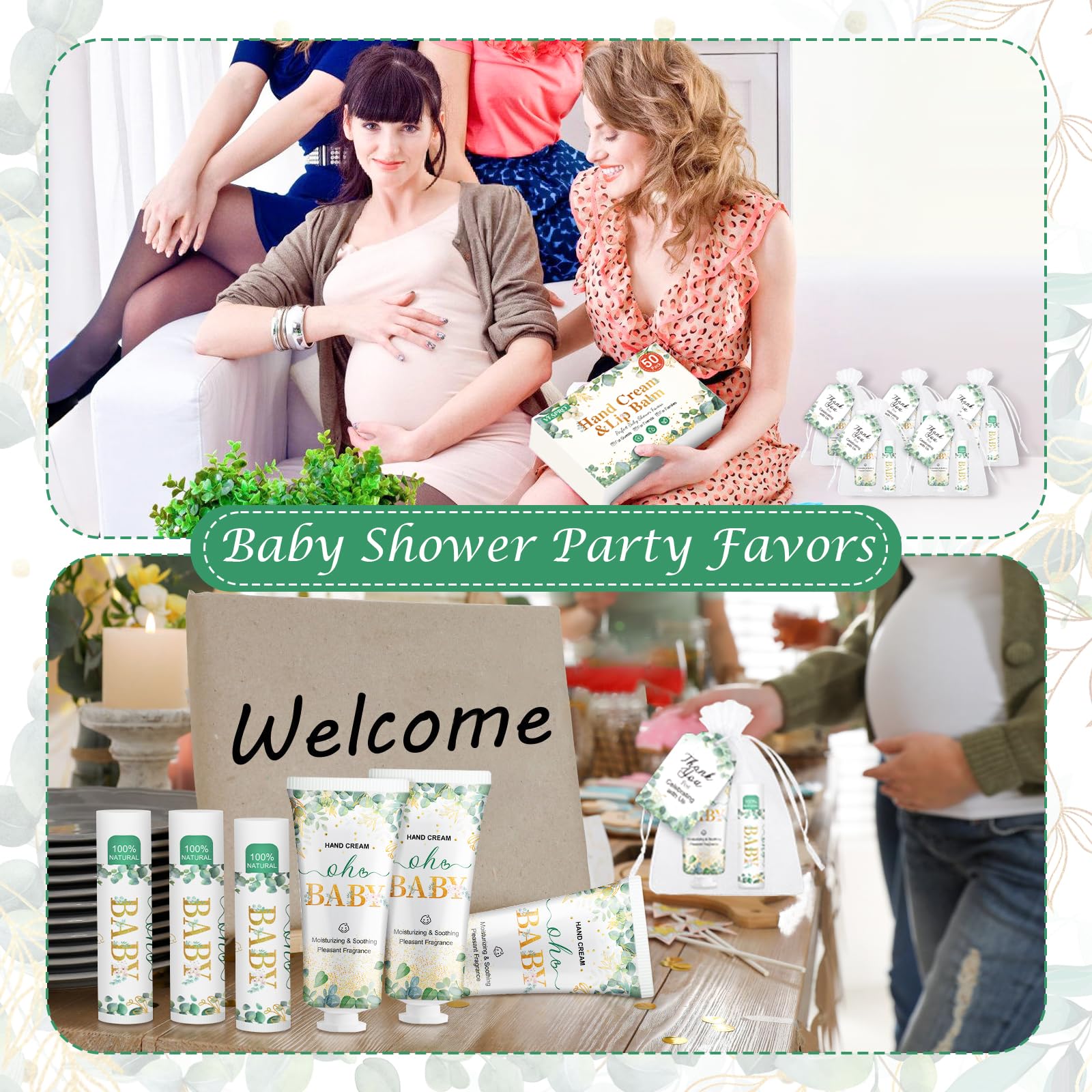 VESPRO baby shower favors displayed on a table setup.