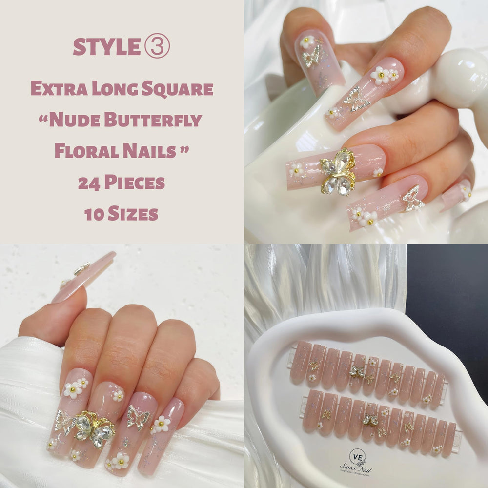 VESWEET nail art kit includes glue, tabs, pads, file, and cuticle stick for at-home styling.