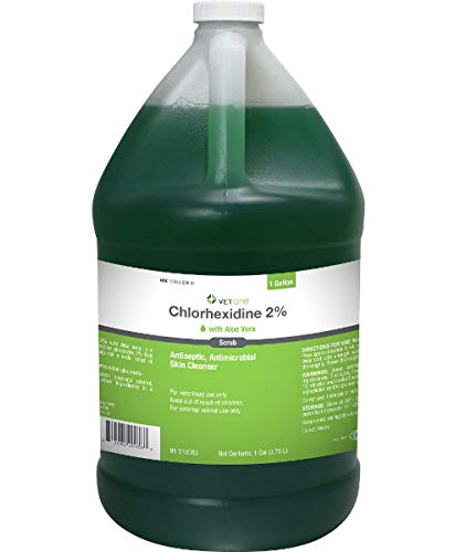 Vet One chlorhexidine antibacterial body wash bottle pour demonstrates antiseptic cleansing with aloe moisture.