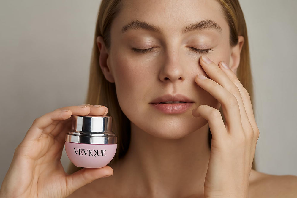 Veviqe Claréne eye cream on smooth skin implying gentle care for sensitive eye area