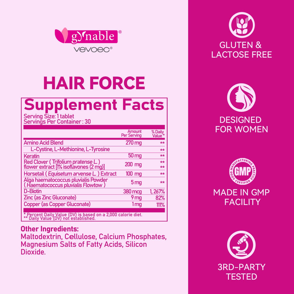 Vevoec Hair Force packaging communicates gluten-free, vegetarian formula for hair care