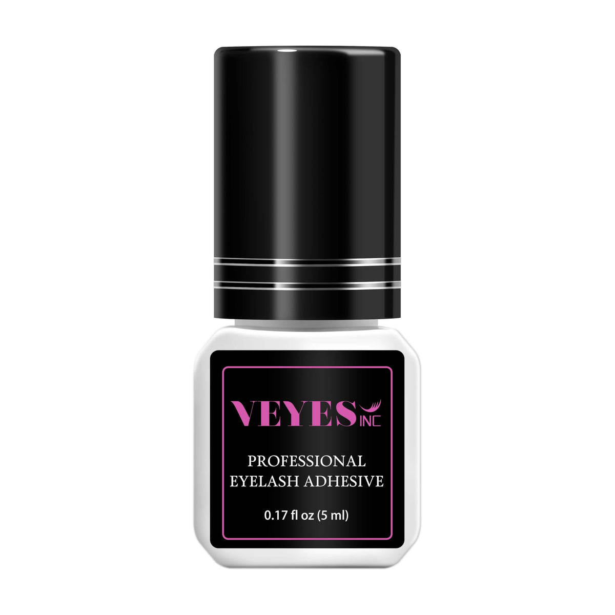 VEYES INC eyelash extension glue bottle close-up showing 5ml size and deep black bond.