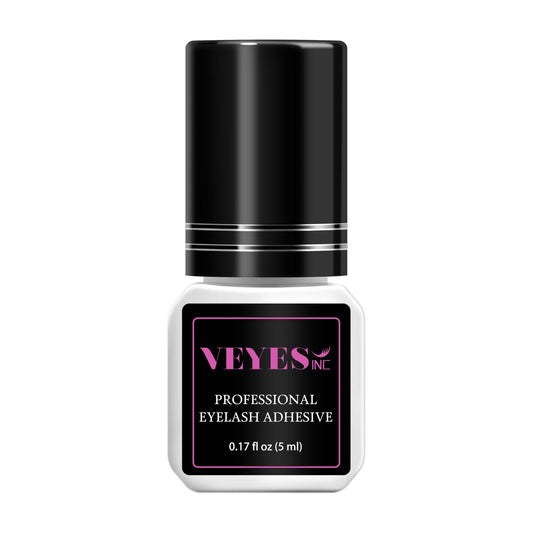 VEYES INC eyelash extension glue bottle close-up showing 5ml size and deep black bond.