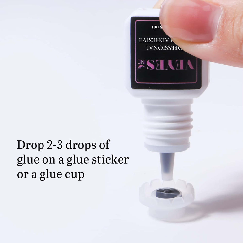 VEYES INC eyelash glue close-up emphasizing fast-drying, strong black bond.