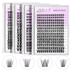 VEYESBEAUTY Application guide showing curl, bond, tweezers, and sealer steps.