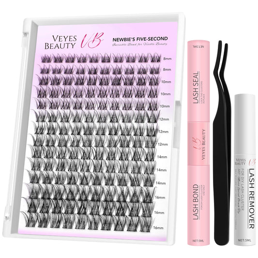 VEYESBEAUTY Lash Clusters Kit packaging shows easy-to-use DIY lashes for quick looks.