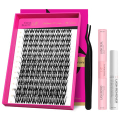 VEYESBEAUTY lash clusters tray showing fluffy 3D lashes for versatile volume