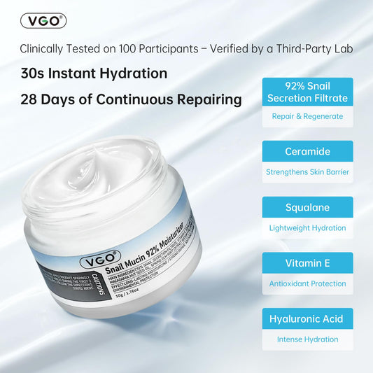 Close-up of VGO Snail Mucin 92% cream texture showing rich, soothing consistency.