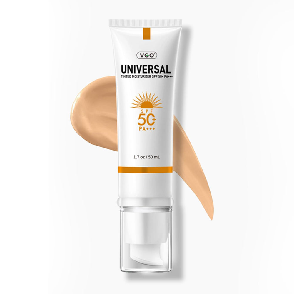 VGO tinted sunscreen bottle demonstrates SPF 50 protection for daily outdoor use.