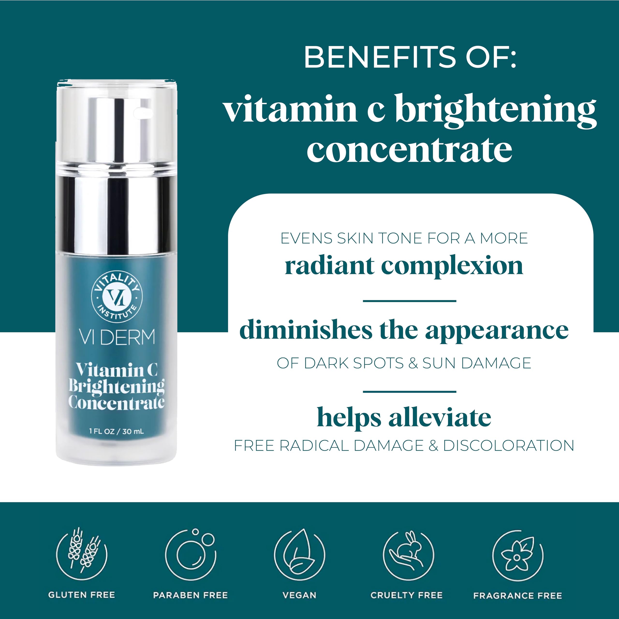 VI Derm Vitamin C Brightening Concentrate pump applicator enhancing easy daily use.