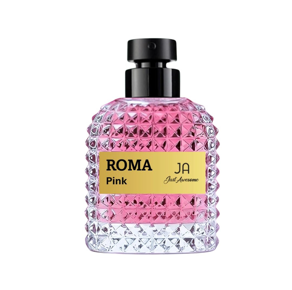 Viaan Krishna ROMA PINK EDP bottle front view highlighting an elegant amber floral silhouette.