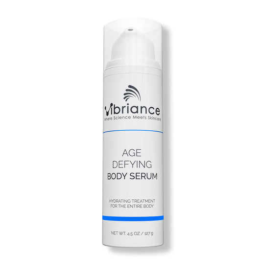 Vibriance Age Defying Body Serum bottle pour shows easy application and quick hydration.