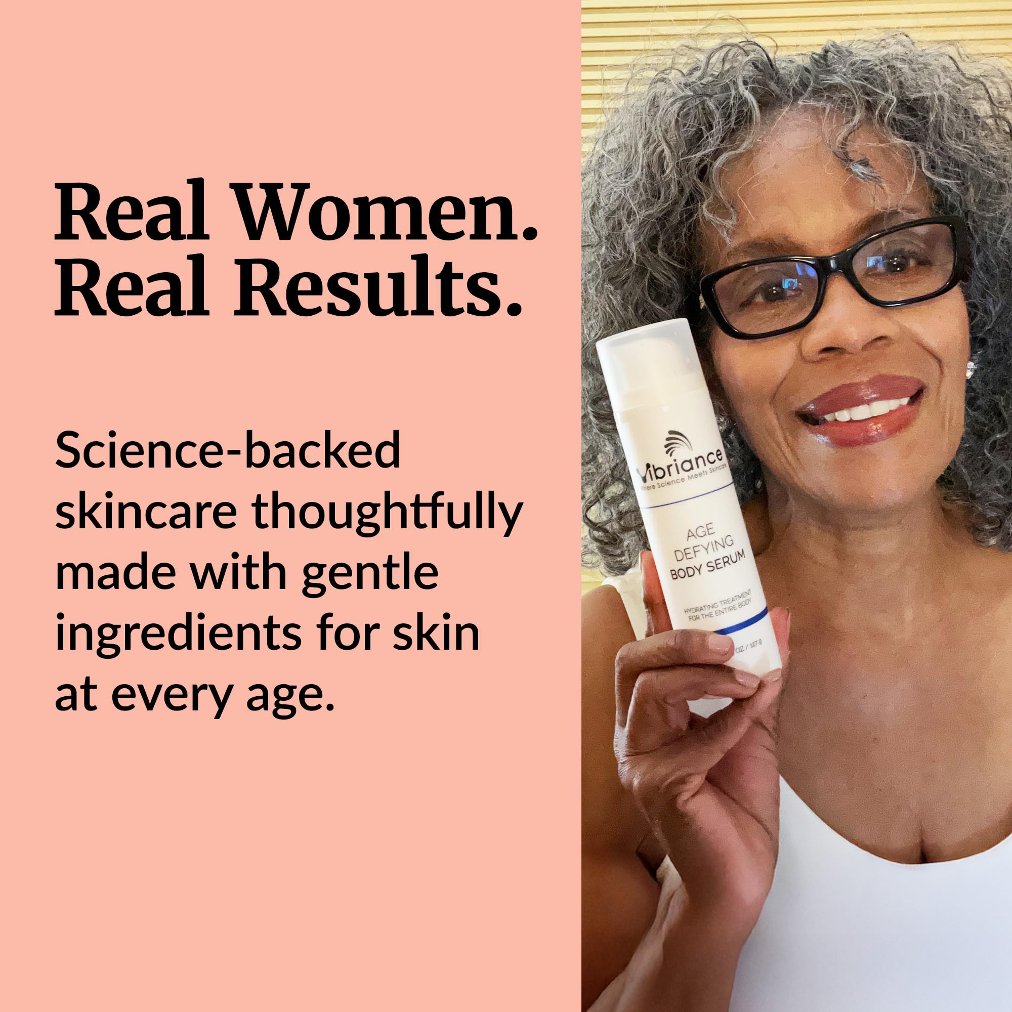 Vibriance Age Defying Body Serum daily routine pose promotes consistent use for healthier-looking skin.