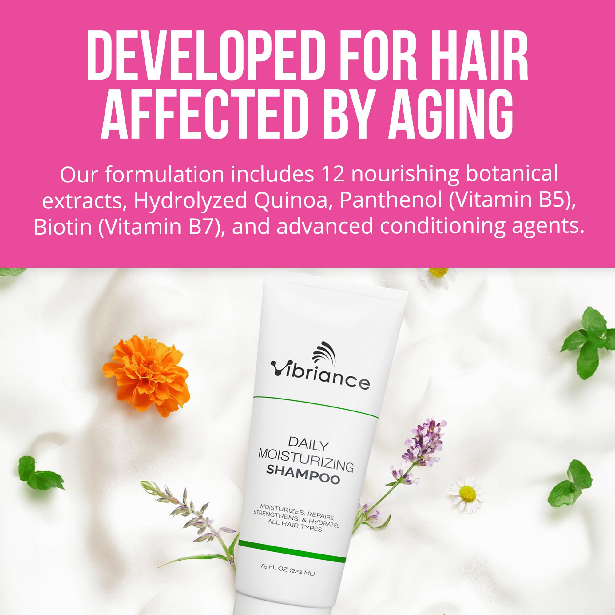 Vibriance Daily Moisturizing Shampoo postpartum-friendly formula nourishes scalp for fuller-looking hair.