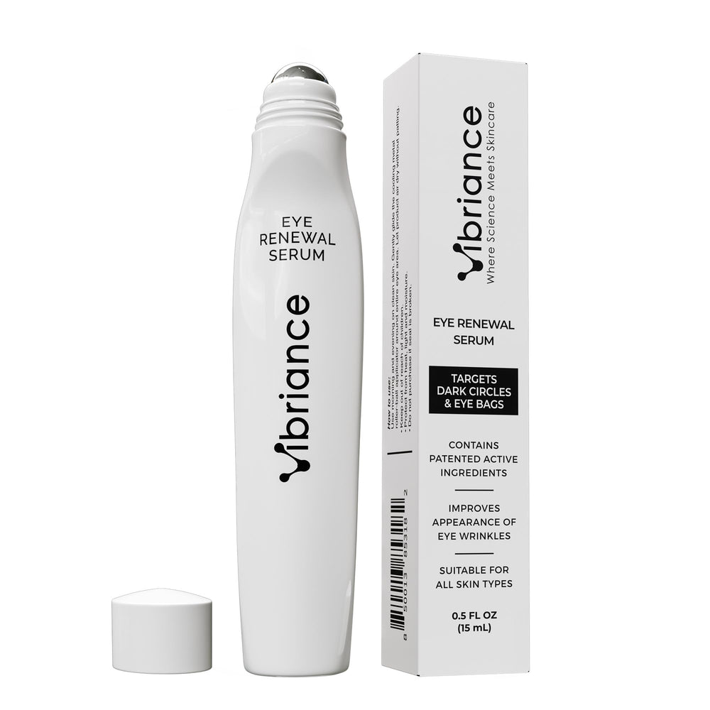 Vibriance Eye Renewal Serum bottle offers a cooling under-eye care experience.