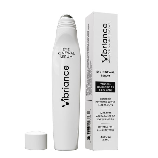 Vibriance Eye Renewal Serum bottle offers a cooling under-eye care experience.