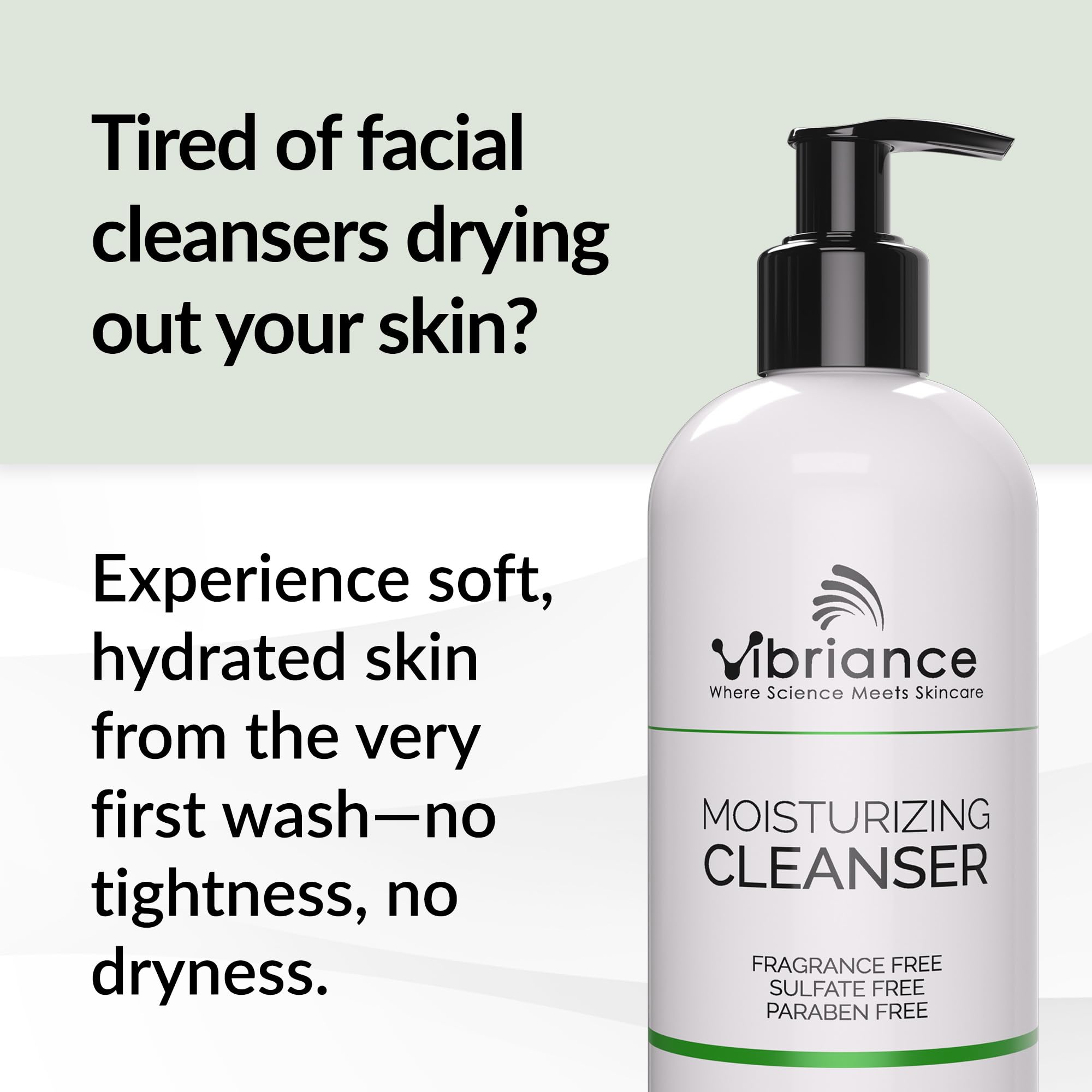 Vibriance Moisturizing Cleanser foam-lather close-up shows silky texture ideal for sensitive skin.