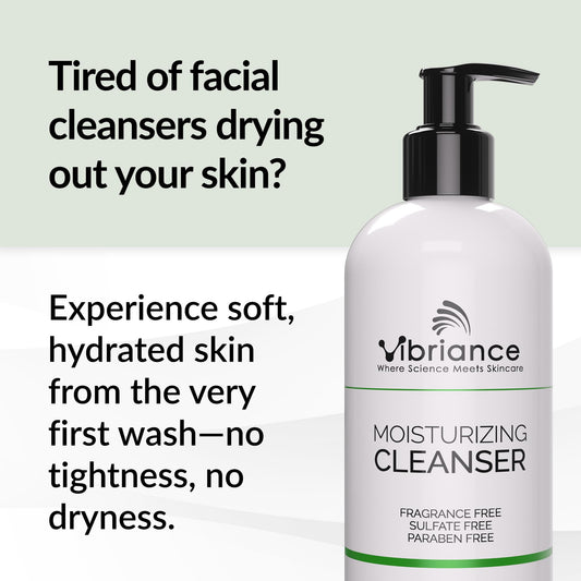 Vibriance Moisturizing Cleanser foam-lather close-up shows silky texture ideal for sensitive skin.