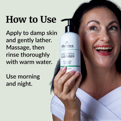 Vibriance Moisturizing Cleanser with shea butter softens and balances skin.