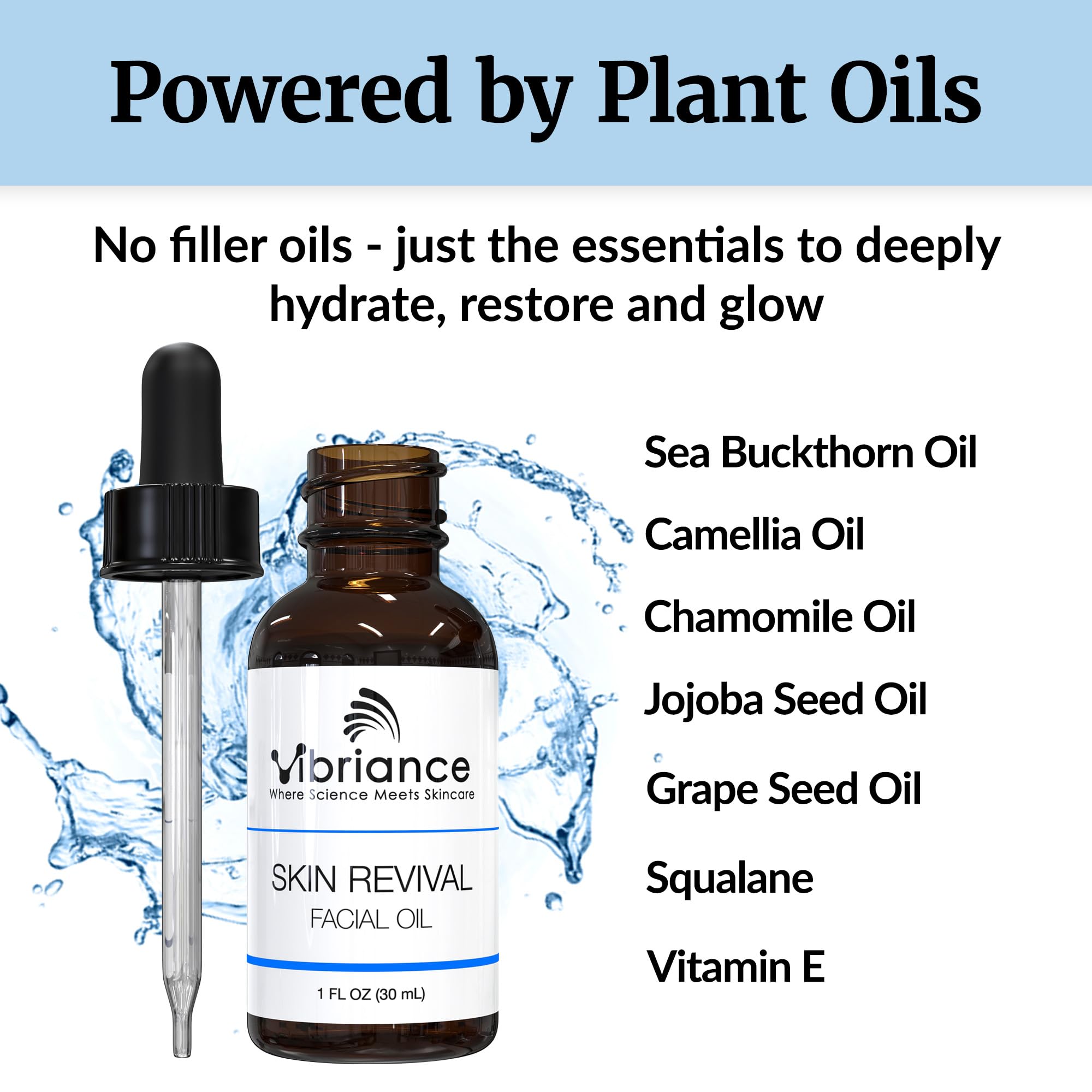 Vibriance Skin Revival Oil packaging on shelf indicating vegan, clean skincare