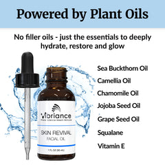 Vibriance Skin Revival Oil packaging on shelf indicating vegan, clean skincare