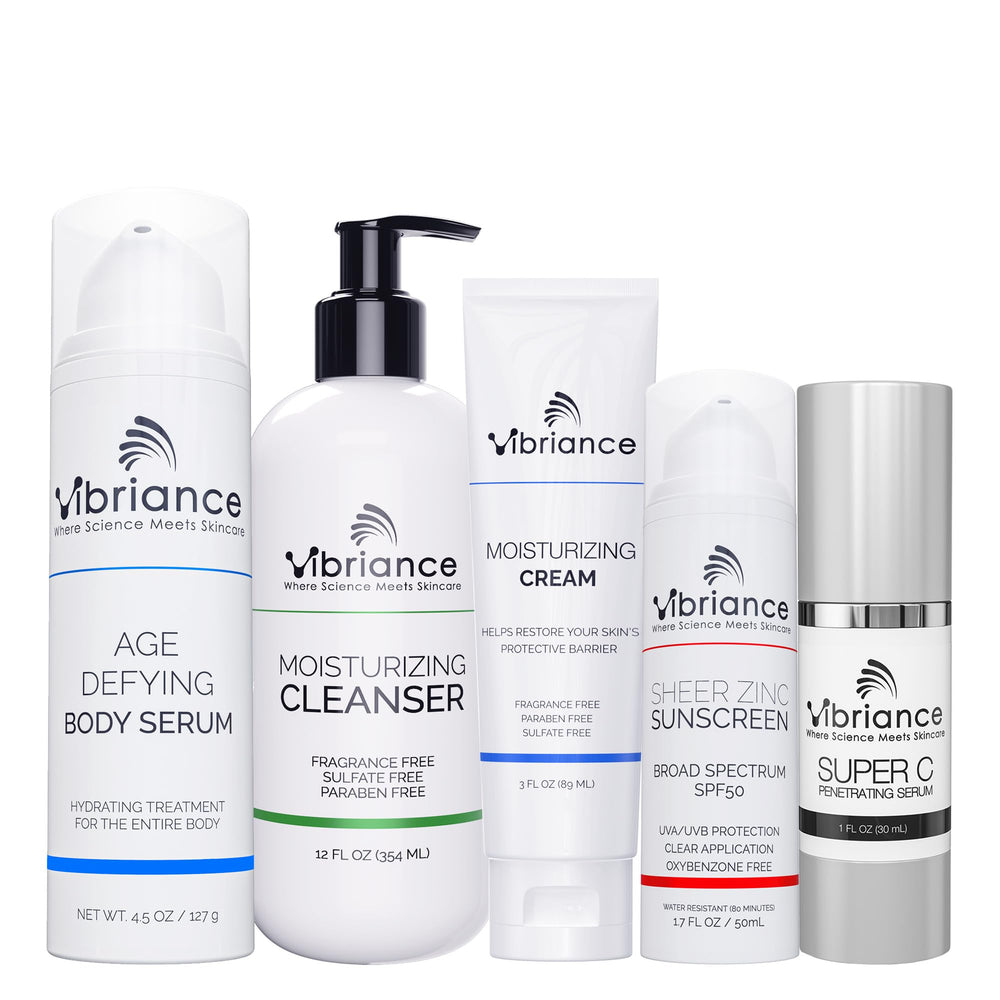 Vibriance Super C Serum bottle highlighting brightening and hydrating benefits.