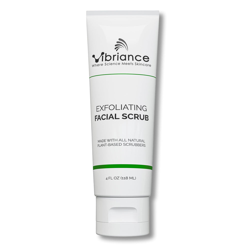 Vibriance Ultra-Gentle Face Scrub packaging highlighting clean ingredients for daily skincare.