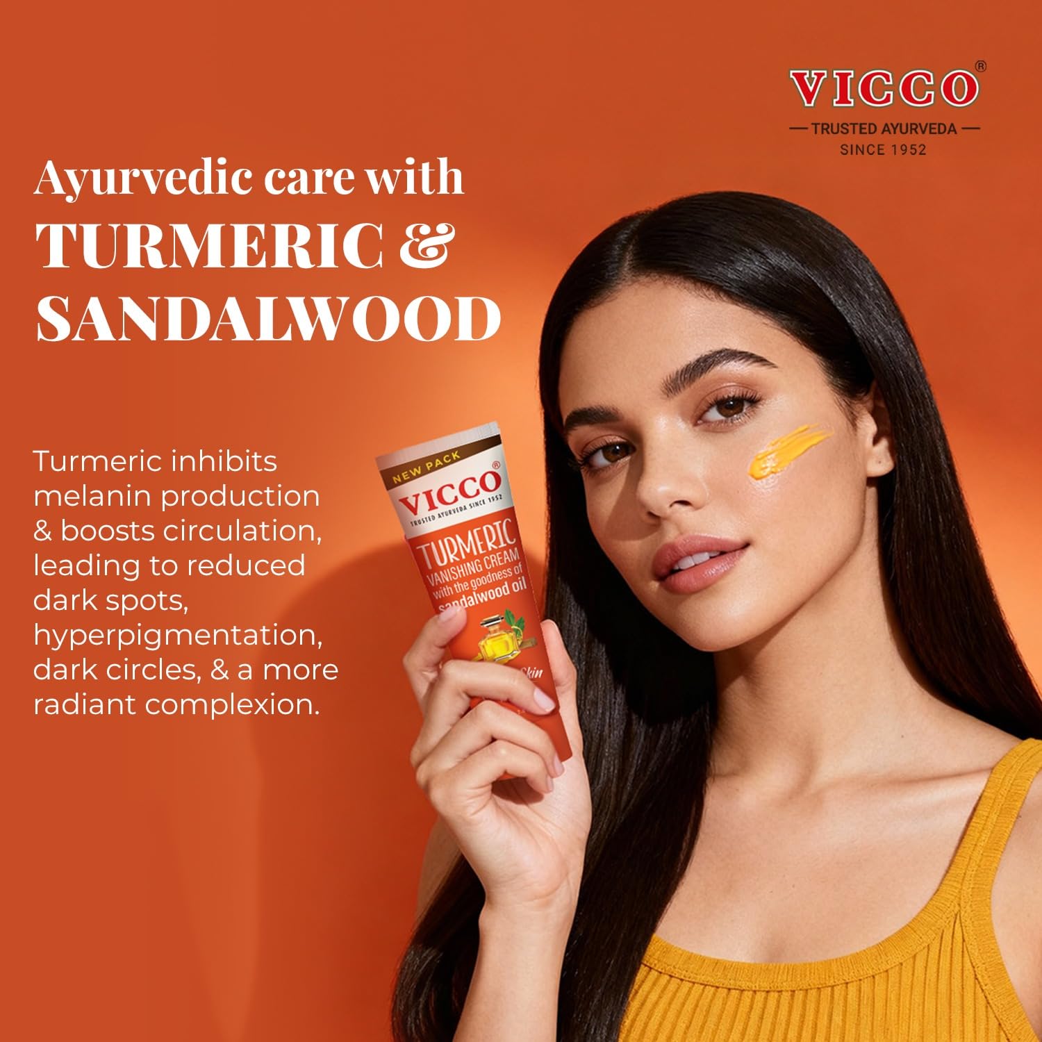 Vicco Turmeric Face Moisturizer Cream emphasizes natural turmeric and sandalwood ingredients.