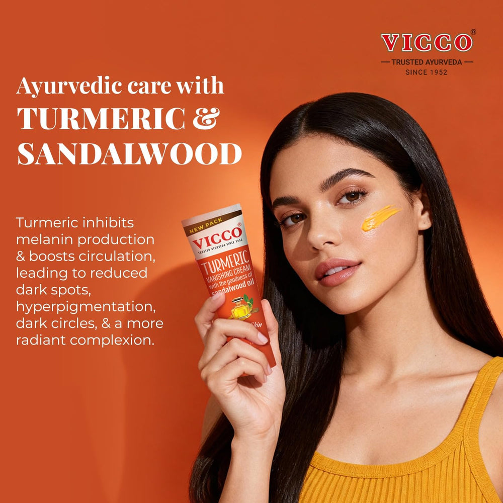 Vicco Turmeric Face Moisturizer Cream emphasizes natural turmeric and sandalwood ingredients.