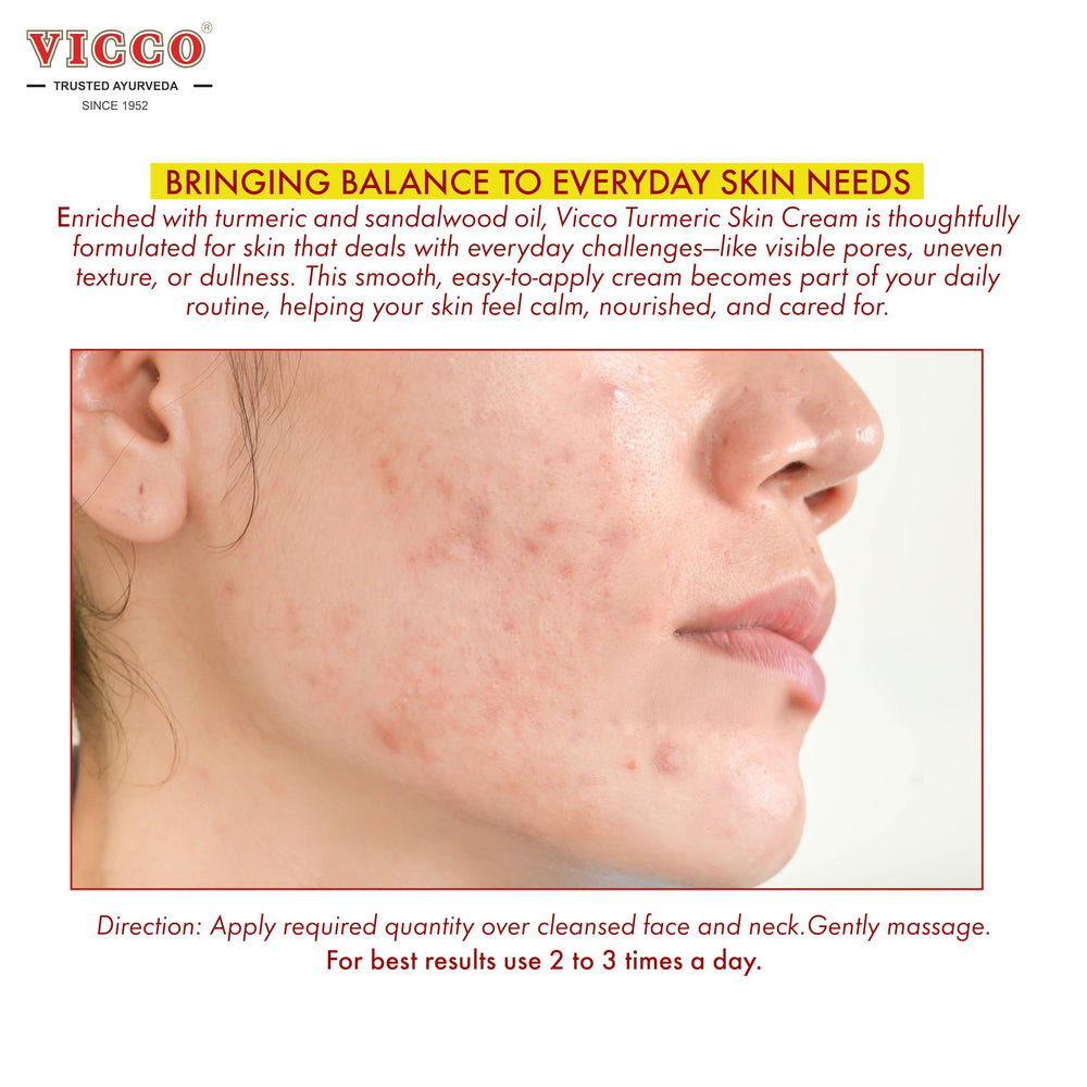 Vicco Turmeric Face Moisturizer Cream tube-application demonstrating quick absorption.