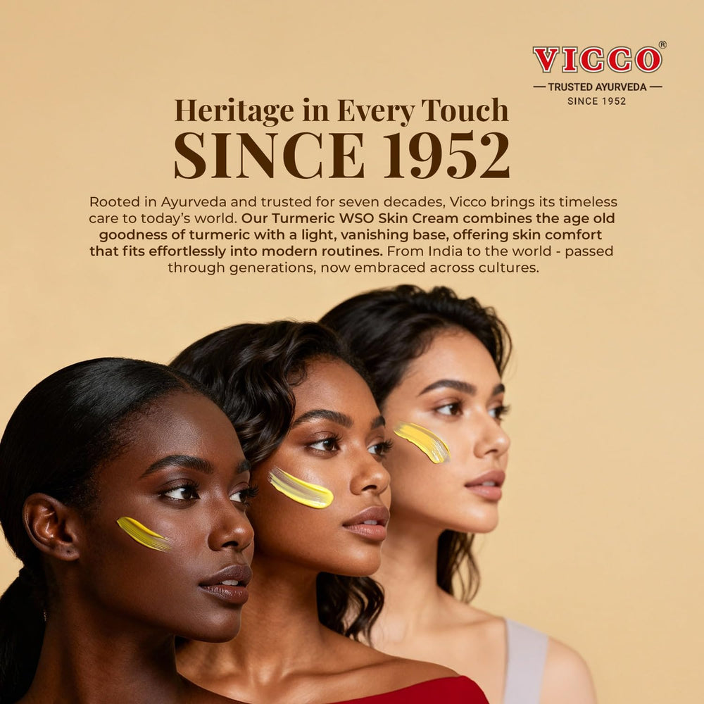 Vicco Turmeric WSO Cream in use on face showing balanced hydration throughout the day.