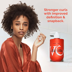 VICIOUS CURL curly hair care lineup on bathroom counter.