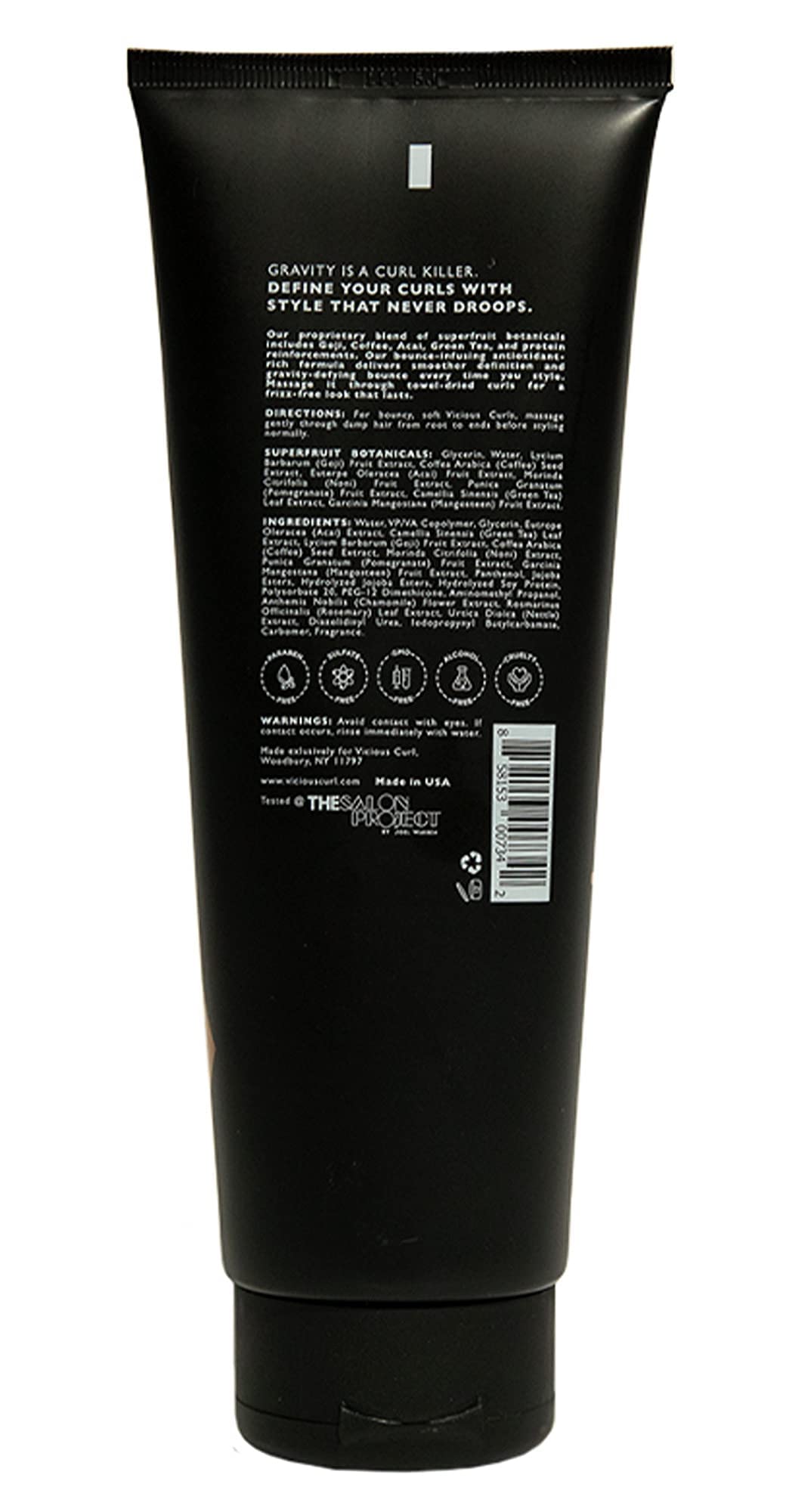VICIOUS CURL Curl Lock Gel packaging highlights clean formula with no harsh chemicals.