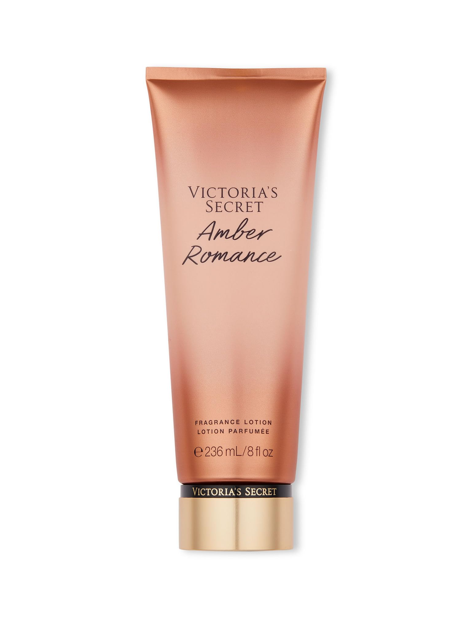 Victoria's Secret Amber Romance Nourishing Lotion bottle showing quick-dry hydration for hands and body