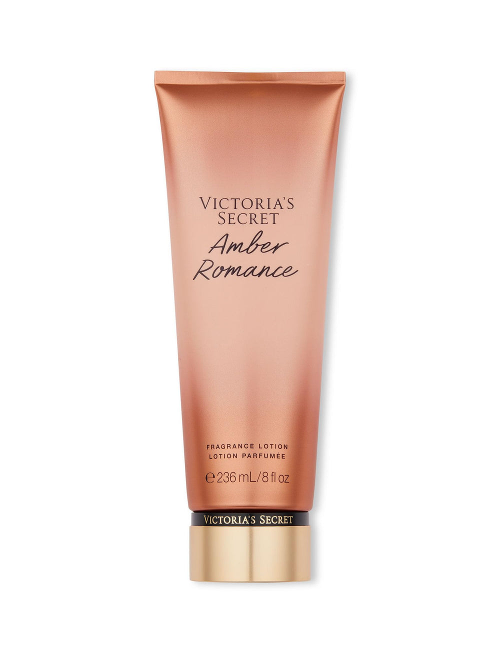 Victoria's Secret Amber Romance Nourishing Lotion bottle showing quick-dry hydration for hands and body