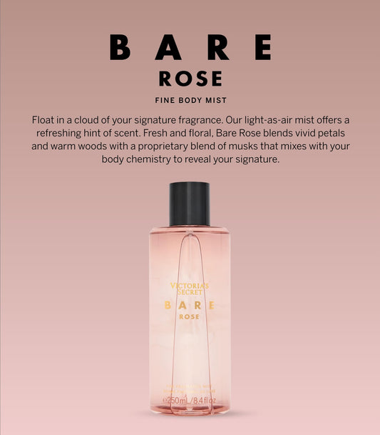 Victoria's Secret Bare Rose mist spray on skin for a light, long-lasting aroma.