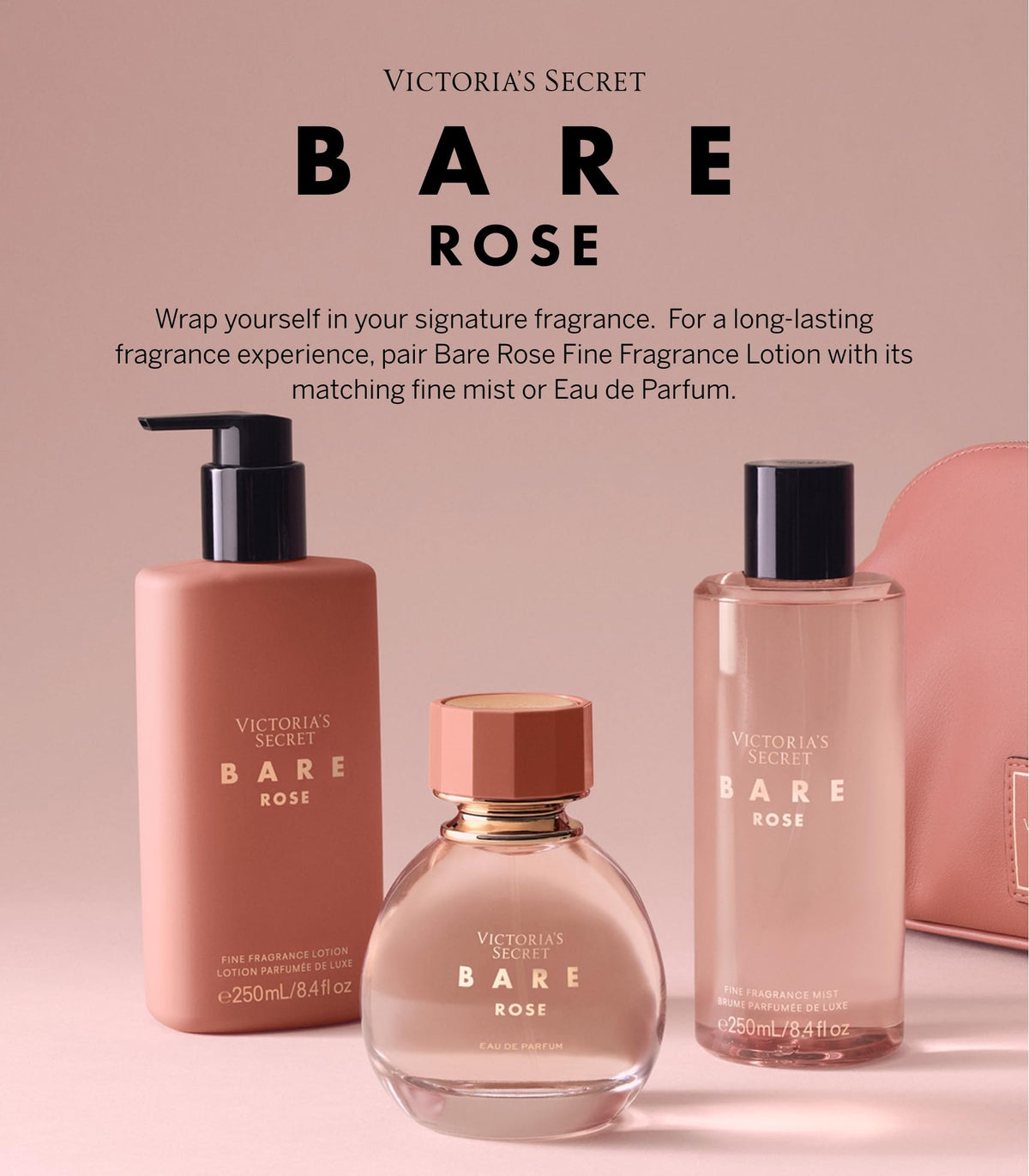 Victoria's Secret Bare Rose warm woods and musk finish, long-lasting impression for all-day wear.