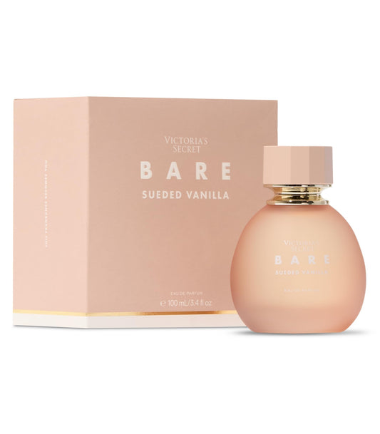Victoria's Secret Bare Sueded Vanilla bottle; long-lasting vanilla-woody scent.