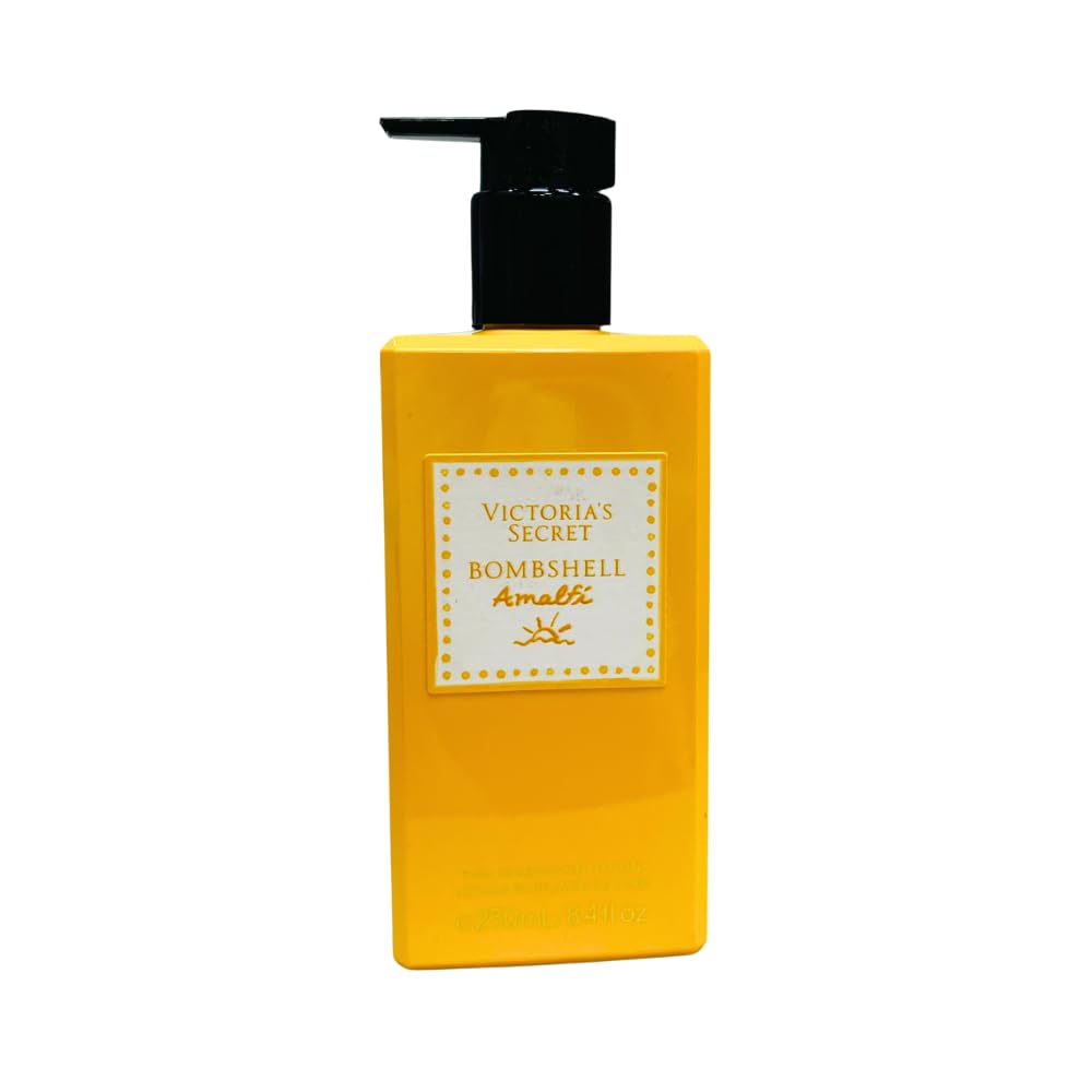 Victoria's Secret Bombshell Amalfi Lotion bottle close-up shows silky texture and light fragrance