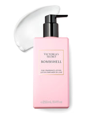 Victoria's Secret Bombshell fragrance lotion bottle label highlighting fruity floral notes for everyday scent