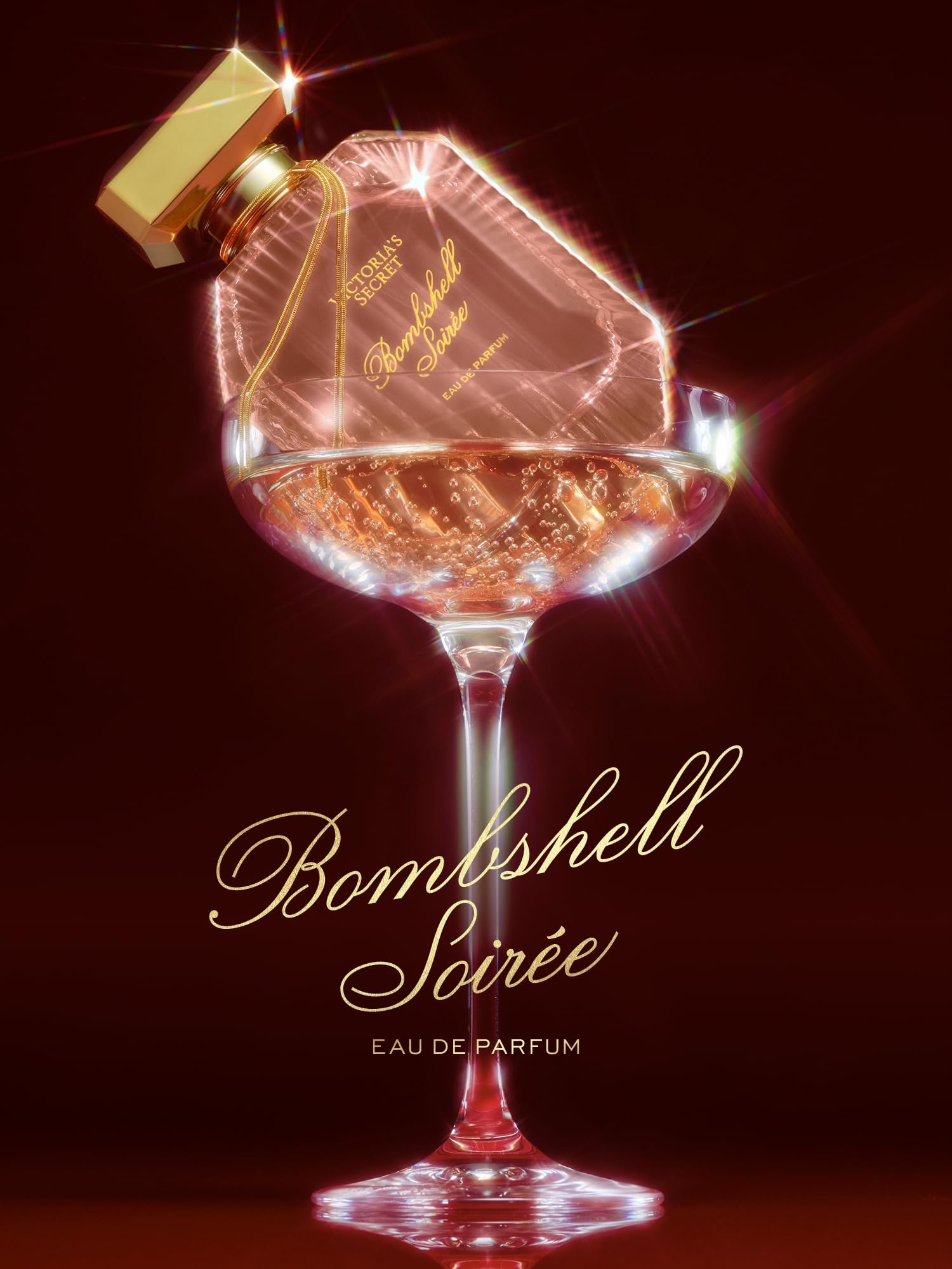 Victoria's Secret Bombshell Soiree flacon closeup highlights elegant glass and branding