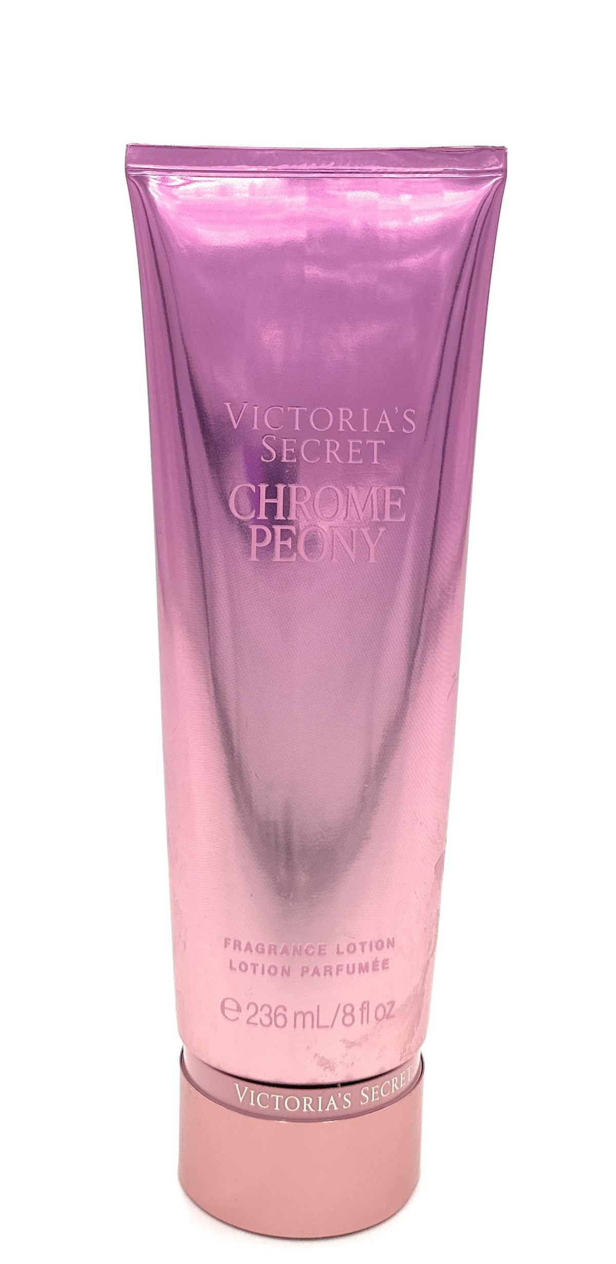 Victoria's Secret Chrome Peony lotion bottle highlighting a floral fragrance for daily hydration.