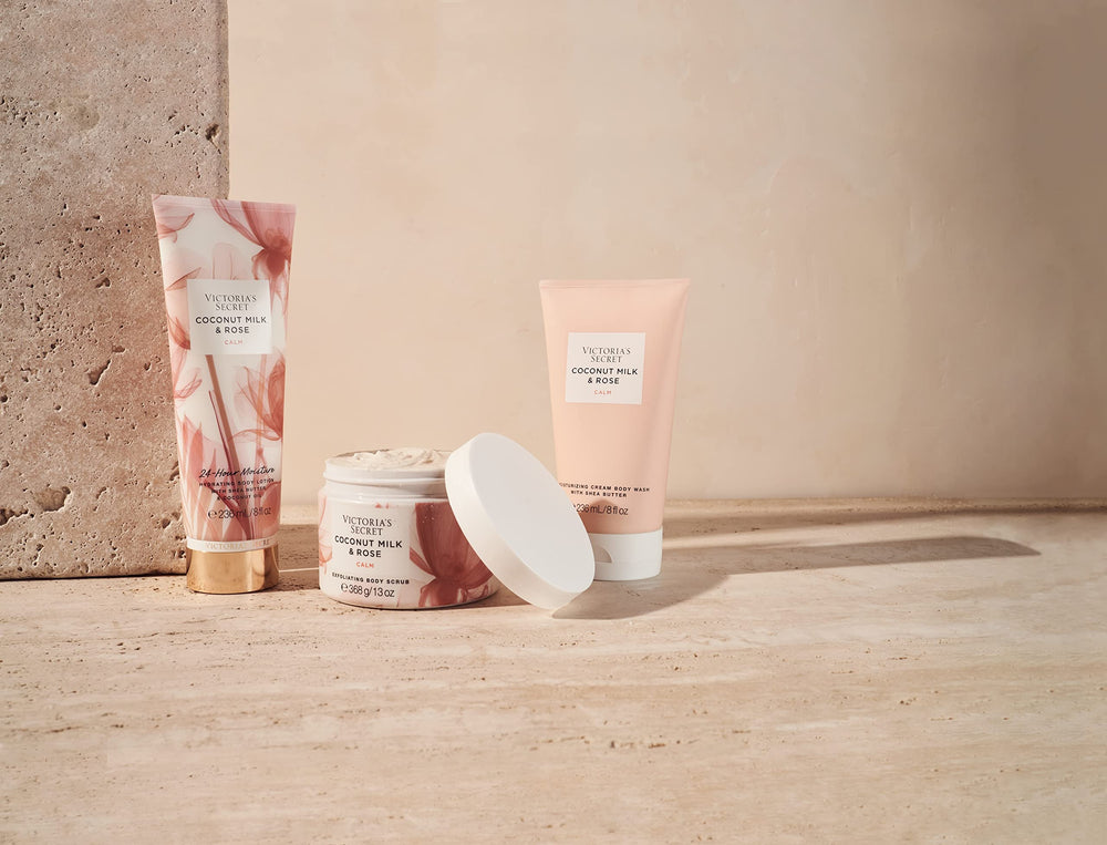 Victoria's Secret Coconut Milk and Rose Scrub jar; creamy exfoliation ready for a shower ritual