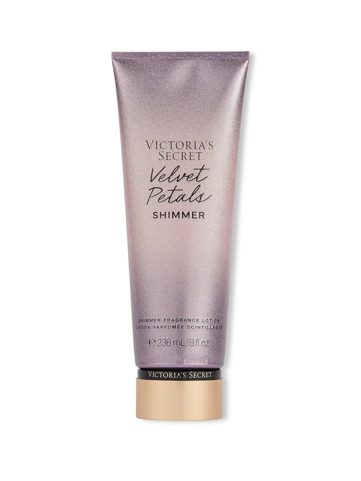 Victoria's Secret Velvet Petals Shimmer lotion bottle showing silky texture and glow.