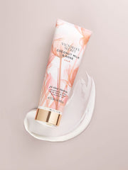 Victoria's Secret lotion texture swatch shows silky formula for soft skin.