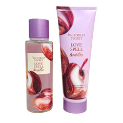 Victoria's Secret Love Spell Brulee fragrance mist bottle closeup for versatile layering.