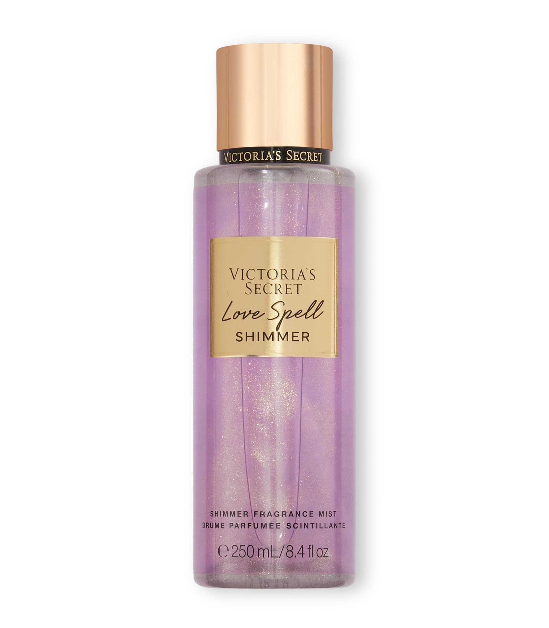 Victoria's Secret Love Spell Shimmer Mist bottle pour highlights subtle shimmering fragrance.