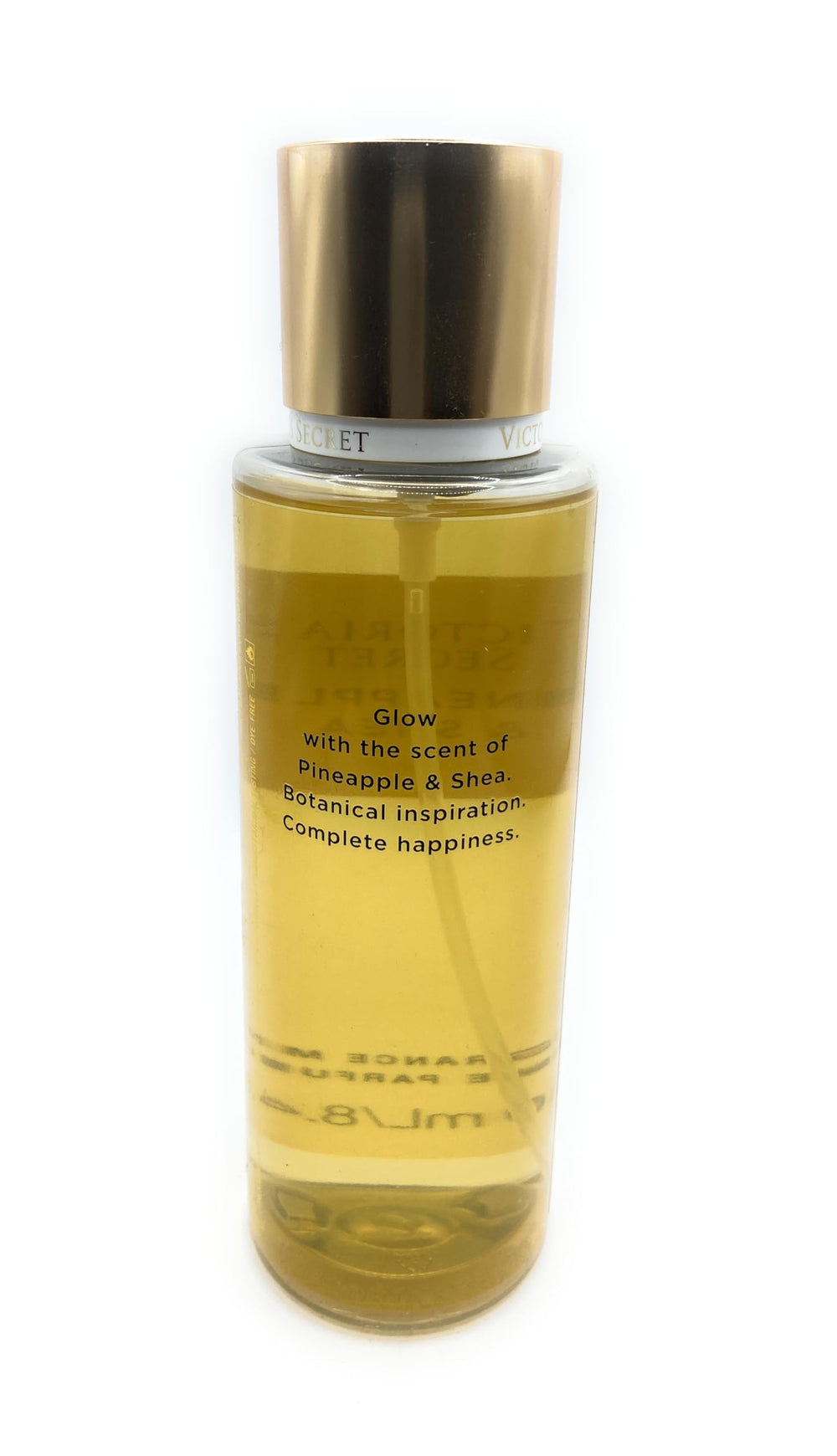 Victoria's Secret Pineapple and Shea Glow bottle back view, highlighting moisturizing glow