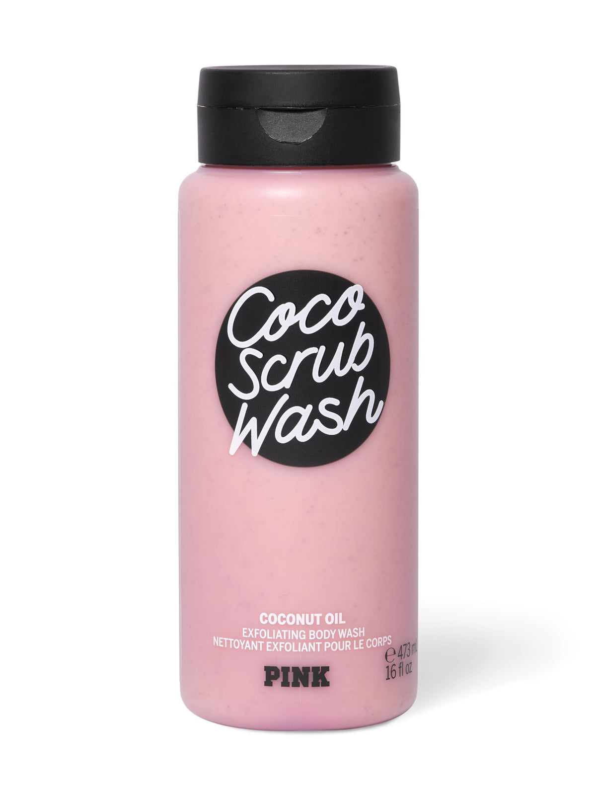 Victoria's Secret Pink Coco Scrub Wash bottle highlighting sustainable packaging