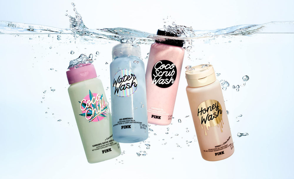 Bold pink branding and packaging design on the Victoria's Secret Scrub Wash